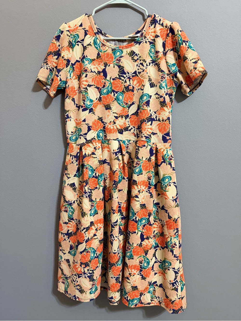 LuLaRoe Amelia Peach Dress with Navy, Coral & Teal Floral Print